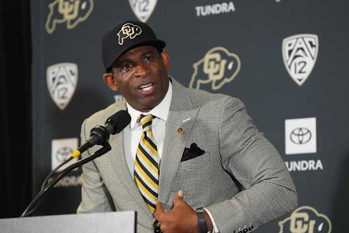 Colorado Buffaloes head coach Deion Sanders speaks during a press conference at the Arrow Touchdown Club